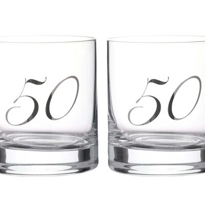 Vasos de whisky Diamante"50th Birthday" - Par de vasos cortos de cristal con letras 50 en relieve de platino