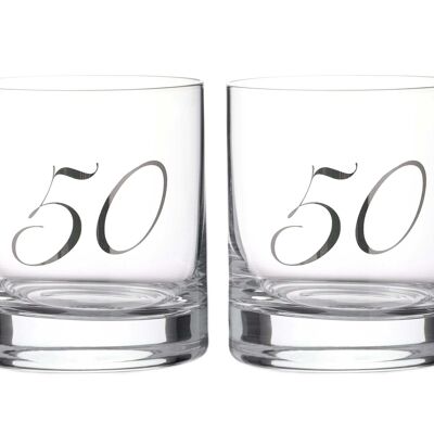 Diamante"50th Birthday" Whisky Tumblers – Pair Of Crystal Short Glasses With Platinum Embossed 50 Lettering