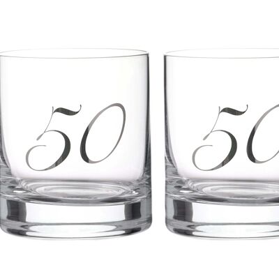 Diamante"50th Birthday" Whisky Tumblers – Pair Of Crystal Short Glasses With Platinum Embossed 50 Lettering