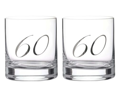 Diamante"60th Birthday" Whisky Tumblers – Pair Of Crystal Short Glasses With Platinum Embossed 60 Lettering