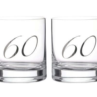 Diamante"60th Birthday" Whisky Tumblers – Pair Of Crystal Short Glasses With Platinum Embossed 60 Lettering