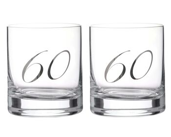 Verres à Whisky "60ème Anniversaire" Diamante - Paire De Verres Courts En Cristal Avec Lettrage 60 Platine En Relief