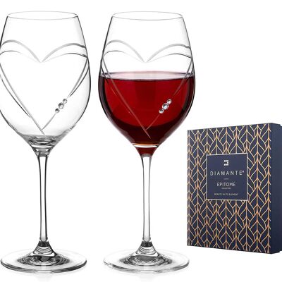 Copas de vino tinto de cristal de corazones adornadas con cristales de Swarovski - Juego de 2