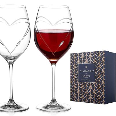 Hearts Crystal Red Wine Glasses Adorned With Swarovski Crystals - Set Of 2