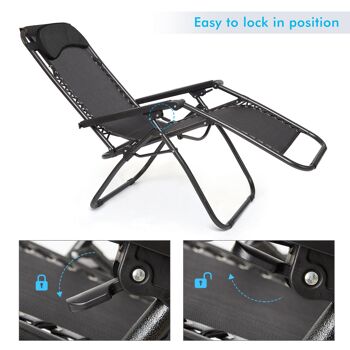 2x Fauteuil inclinable pliant Zero Gravity Lounge Sun Beach Garden Réglable Noir 4