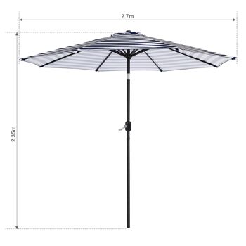 Parasol de 2,7 m, parasol de jardin, auvent extérieur, abat-jour inclinable avec manivelle, protection UV, convient pour l'extérieur, le jardin, la terrasse, la plage, bleu blanc 2