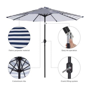 Parasol de 2,7 m, parasol de jardin, auvent extérieur, abat-jour inclinable avec manivelle, protection UV, convient pour l'extérieur, le jardin, la terrasse, la plage, bleu blanc 5