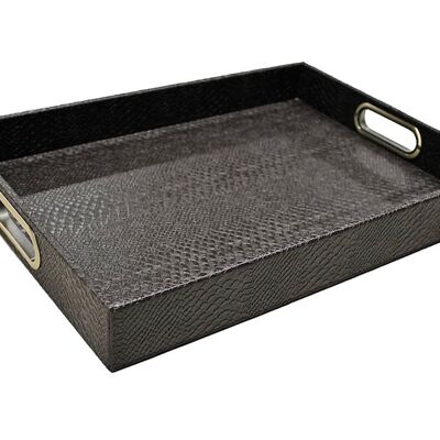 Tray rectangular with brass handles imitation leather reptile dark brown