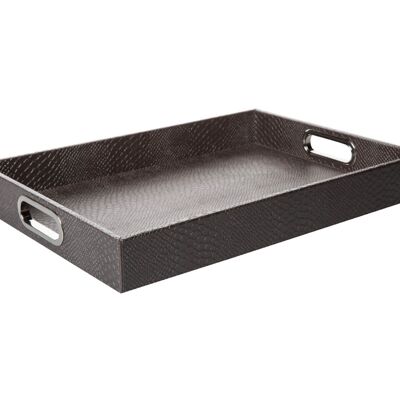Tray rectangular with stainless steel handles faux leather reptile taupe