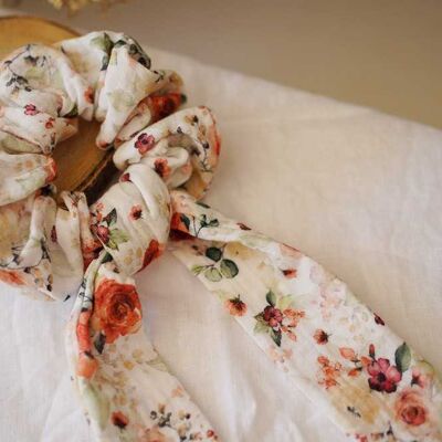 Cotton Gauze Ribbon Scrunchie with Watercolor Floral Print