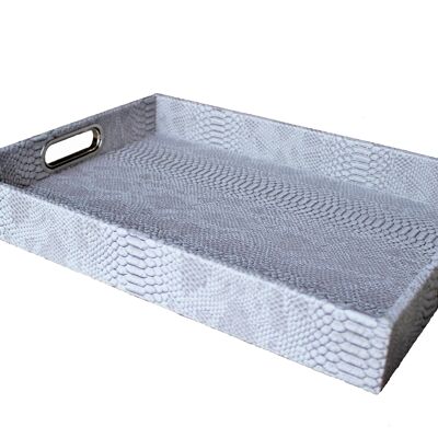 Tray rectangular with stainless steel handles faux leather gray reptile