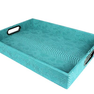 Tray rectangular with stainless steel handles faux leather reptile turquoise