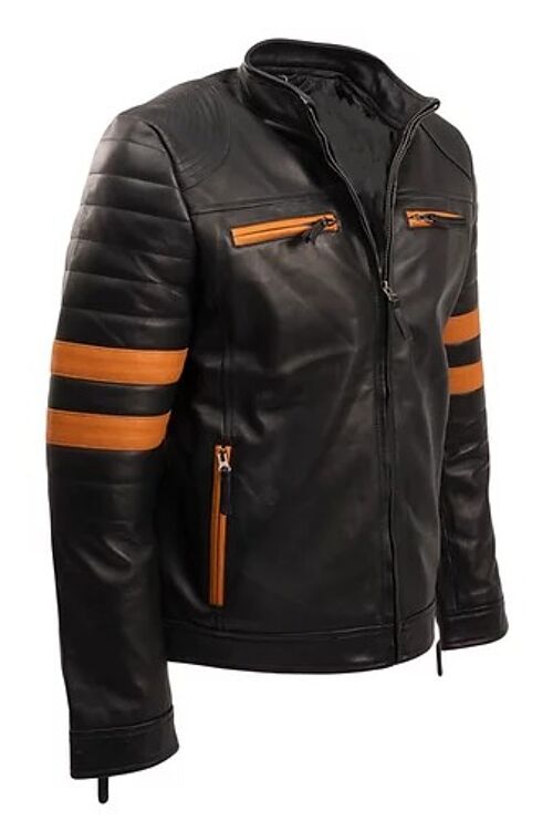 Mens Real Leather Jacket Biker Black and Orange Striped Vintage Retro Cafe Racer