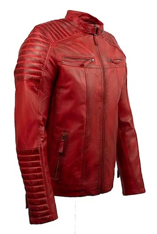 Mens Real Leather Jacket Biker Black and Red Vintage Retro Cafe Racer Brand New - Black