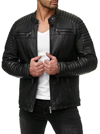 Veste en Cuir Véritable Homme Biker Noir et Rouge Vintage Retro Cafe Racer Neuf - Noir 4