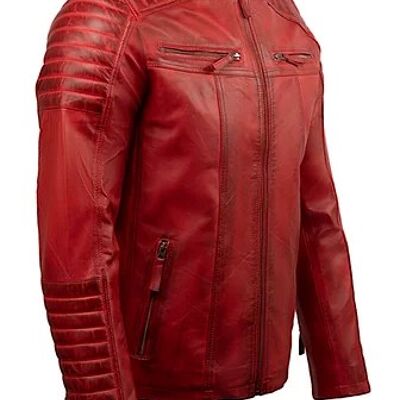 Mens Real Leather Jacket Biker Black and Red Vintage Retro Cafe Racer Brand New - Red