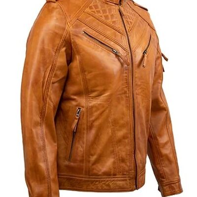 Mens Real Leather Biker Jacket Black Tan Vintage Retro Cafe Racer Sheepskin Race - Tan