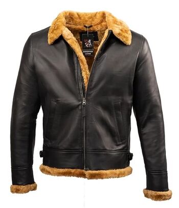 Veste Bomber Homme Cuir Véritable Fourrure Mouton Aviator Cuir Noir Tan 4