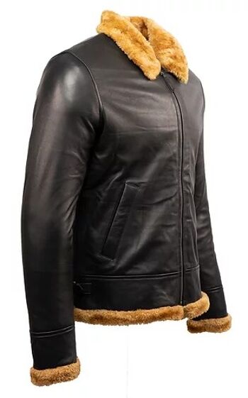 Veste en fourrure de mouton en cuir véritable pour homme Bomber Aviator Cuir noir tan 4XL 3