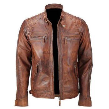 Veste en cuir véritable pour homme Biker Noir et beige Vintage Retro Cafe Racer Neuf - Noir 2