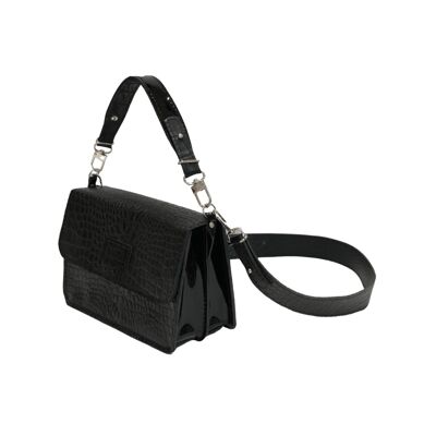 Handbag “Eucalyptus” – black reptile/lacquered details