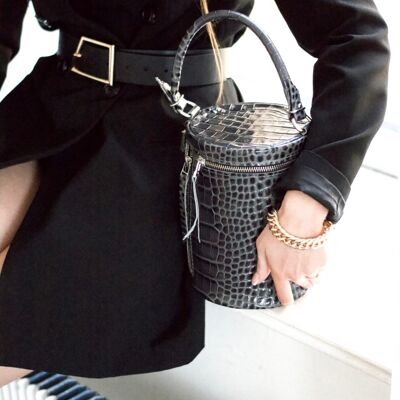 Cylinder handbag “Coriander” mini – grey reptile