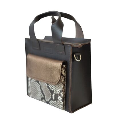 Handbag “Cumin” – dark brown/golden/snake print