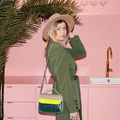 Handbag “Heath” mini – sand/dark green reptile/neon green