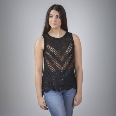 Canotta tank top lavorato in maglia con micropaillettes - NERO