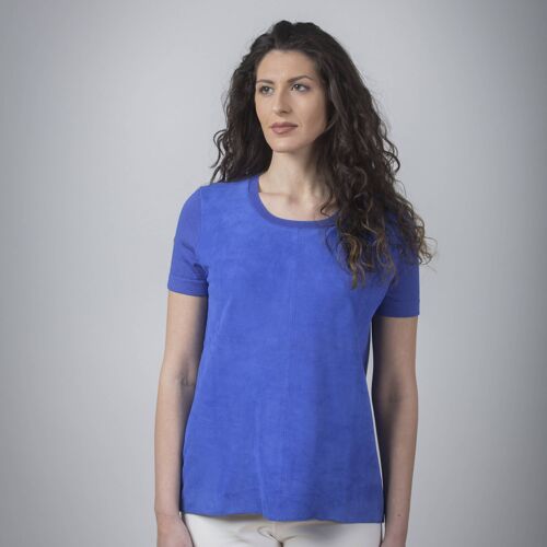 MAGLIA A MEZZA MANICA CON INSERTO IN PELLE - BLU DI PERSIA