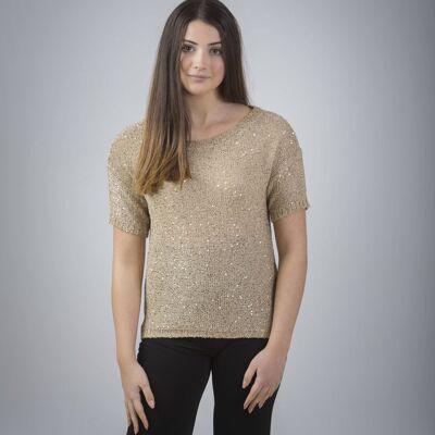 MAGLIA CON MICROPAILLETTES A MEZZA MANICA - Sabbia