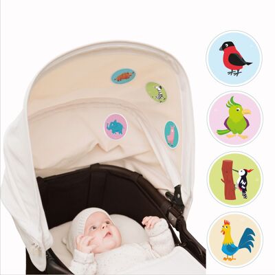 Pájaros coloridos: pegatinas para bebés hechas de seda de acetato de alta calidad. Para cochecitos, sillas de coche y cunas