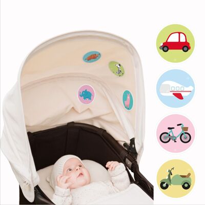 Baby Mobil - Baby Aufkleber aus hochwertiger Acetatseide. Für Kinderwagen, Autositz und Babybett