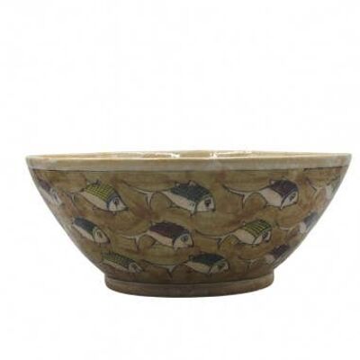 Light Brown Bowl with Fish Drawings Diam. 28 cm