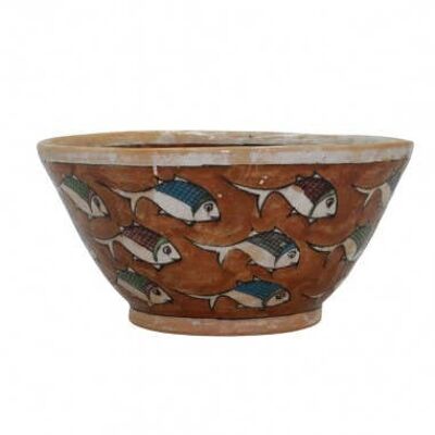 Dark Brown Bowl with Fish Drawings Diam. 28 cm