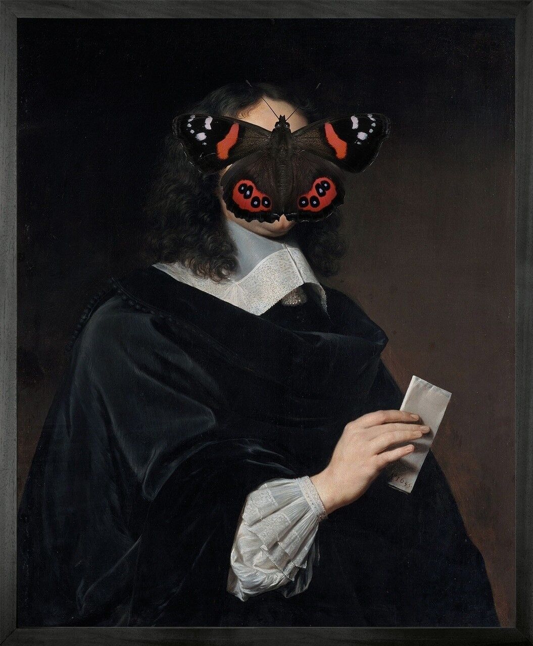 Ritratto di farfalla nera e rossa sull'uomo -Large