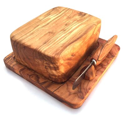 Butter dish with butter knife suitable for a 250 g piece of German butter made from olive wood
