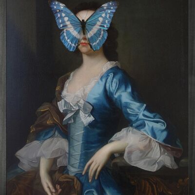 Porträt des blauen und weißen Schmetterlings auf Dame-Medium