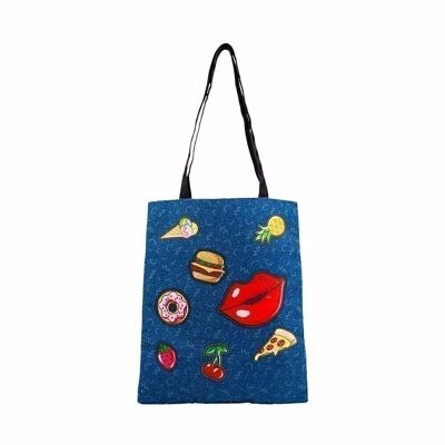 Oh Mon Pop ! Patches-Shopping Bag Shopping Bag, Bleu Foncé