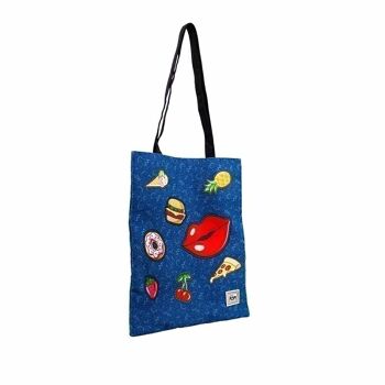 Oh Mon Pop ! Patches-Shopping Bag Shopping Bag, Bleu Foncé 4