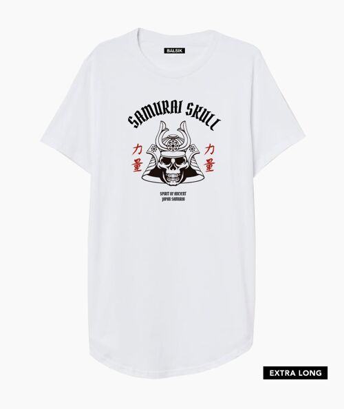 Samurai skull white extra long t-shirt