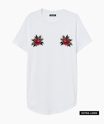 T-SHIRT EXTRA LONG BLANC TATOUAGE FLEURS 1