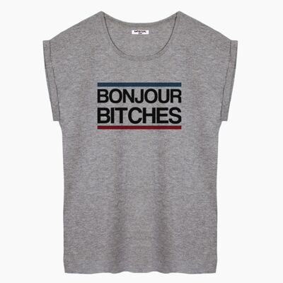 T-SHIRT DONNA BONJOUR BITCHES GRIGIA