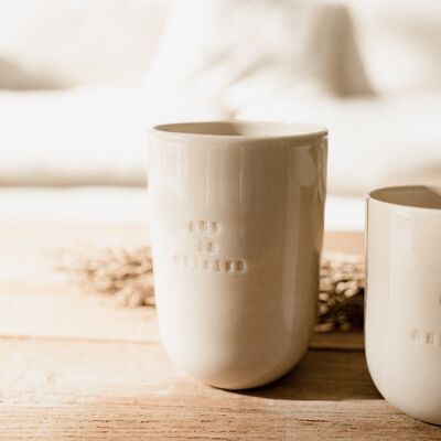 Low tea cup, engraved coffee cup Sun is shining handmade artisanal