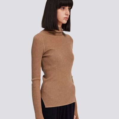 Ribbed Mockneck Knitted Cashmere Sweater - Toffee - XL