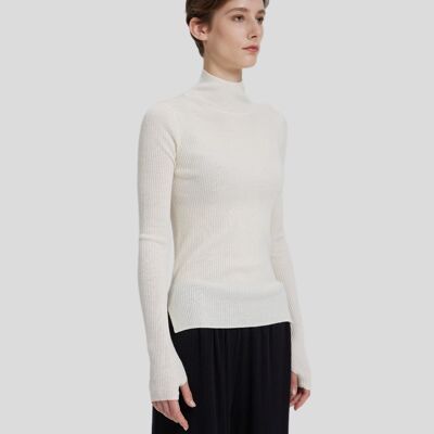 Ribbed Mockneck Knitted Cashmere Sweater - White - XL