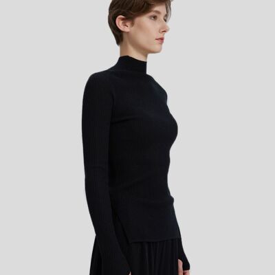 Ribbed Mockneck Knitted Cashmere Sweater - Black - L
