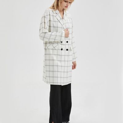 Checkered Double-Breasted Coat - White - L