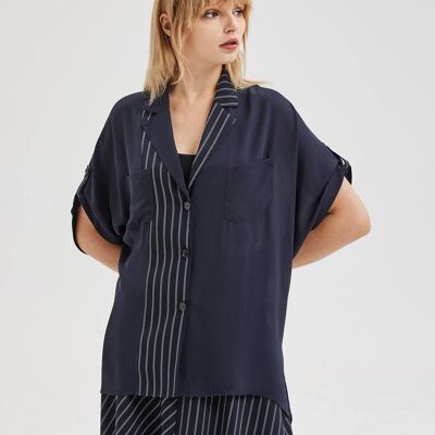 Short Sleeve Striped-Detail Shirt - Navy blue - L