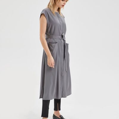 Belted Sleeveless Shirt Dress - Anchor grey - XL